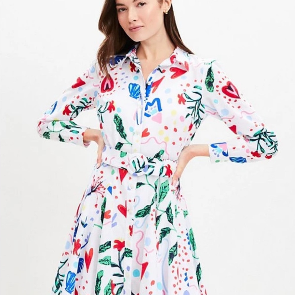 LOFT Tropical Rhythm Godet Shirtdress. Size 14. Florals, Hearts, Lined.